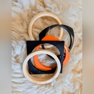 Vintage Geometric Bangle Set in Black, Orange, and Cream